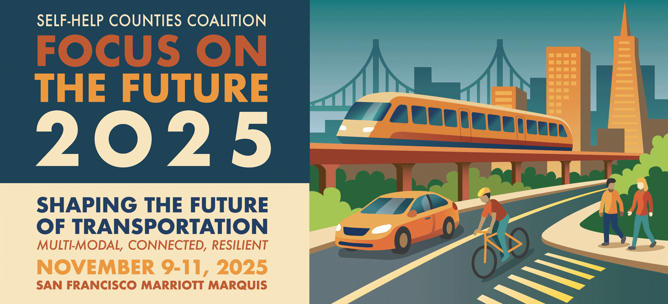 Rendering of a commuter train running in between a bridge and highway with a city in the distance with the Focus on the Future 2025 logo